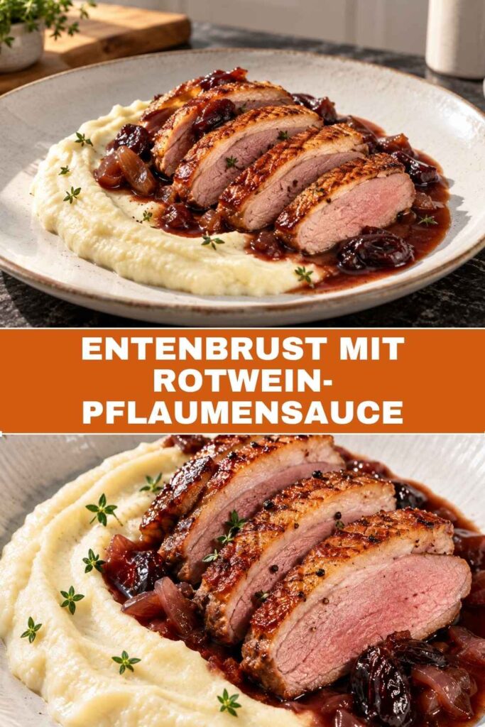 Entenbrust mit Rotwein-Pflaumensauce 4 Pin-Grafik Entenbrust mit Rotwein-Pflaumensauce zum Merken auf Pinterest