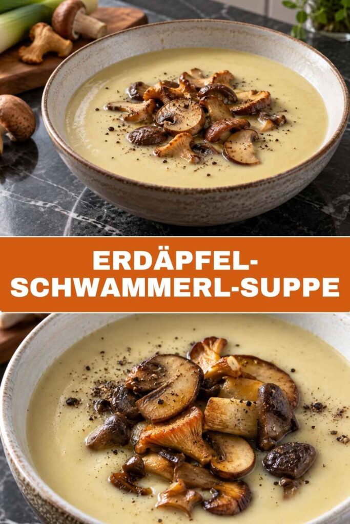 Pin-Grafik für vegane Erdäpfel-Schwammerl-Suppe, cremig, in 45 Minuten fertig
