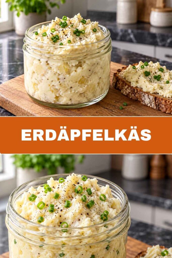 Erdäpfelkäs Rezept Pin mit Schale und Nahaufnahme