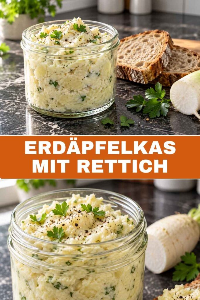 Erdäpfelkas mit Rettich Pinterest-Pin, cremiger Kartoffel-Dip mit Bauernbrot
