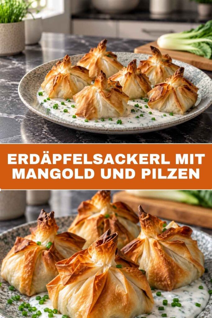 Pinterest-Pin: vegane Erdäpfelsackerl mit Mangold und Pilzen, knusprig gebacken mit Schnittlauchsauce