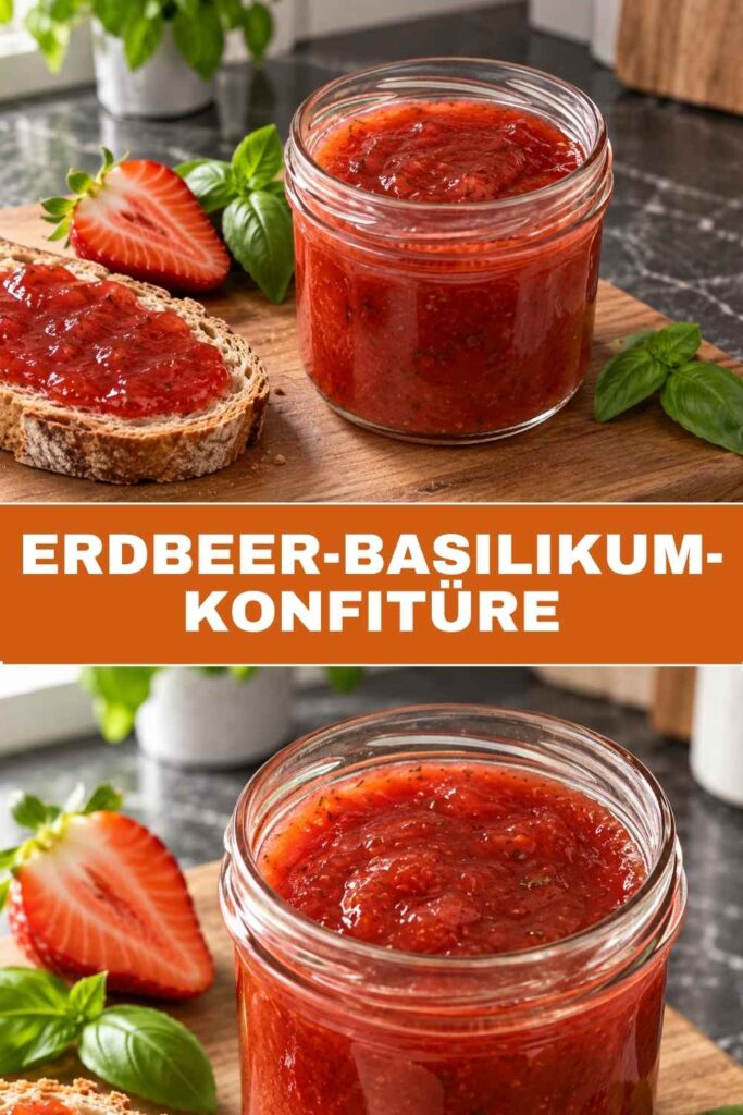 Pinterest-Pin zu Erdbeer-Basilikum-Konfitüre mit Glas und Zubereitungsbild