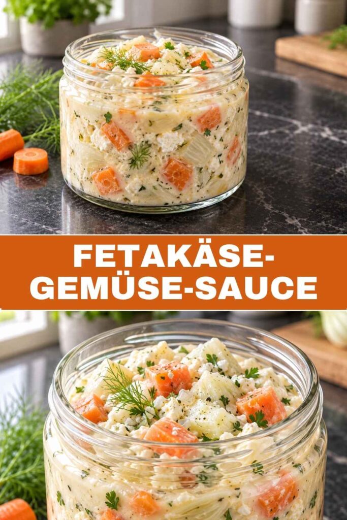 Pinterest-Pin für Fetakäse-Gemüse-Sauce mit Möhre und Fenchel, fertig in 35 Minuten