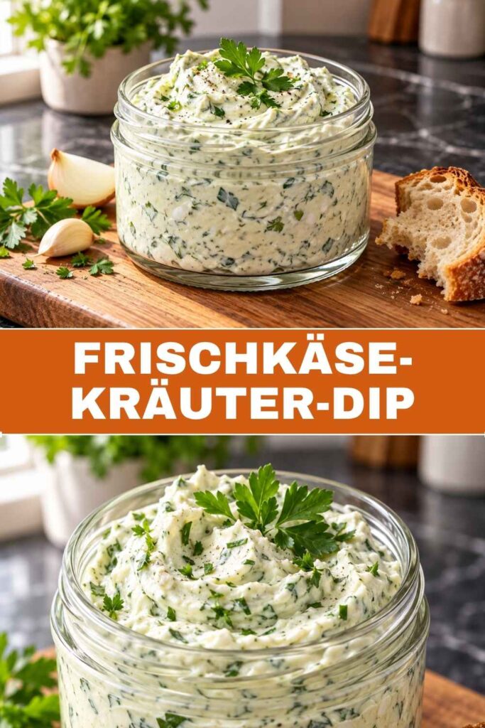 Frischkäse-Kräuter-Dip in der Schale mit Brot und Gemüsesticks, darunter eine Nahaufnahme der cremigen Kräutercreme