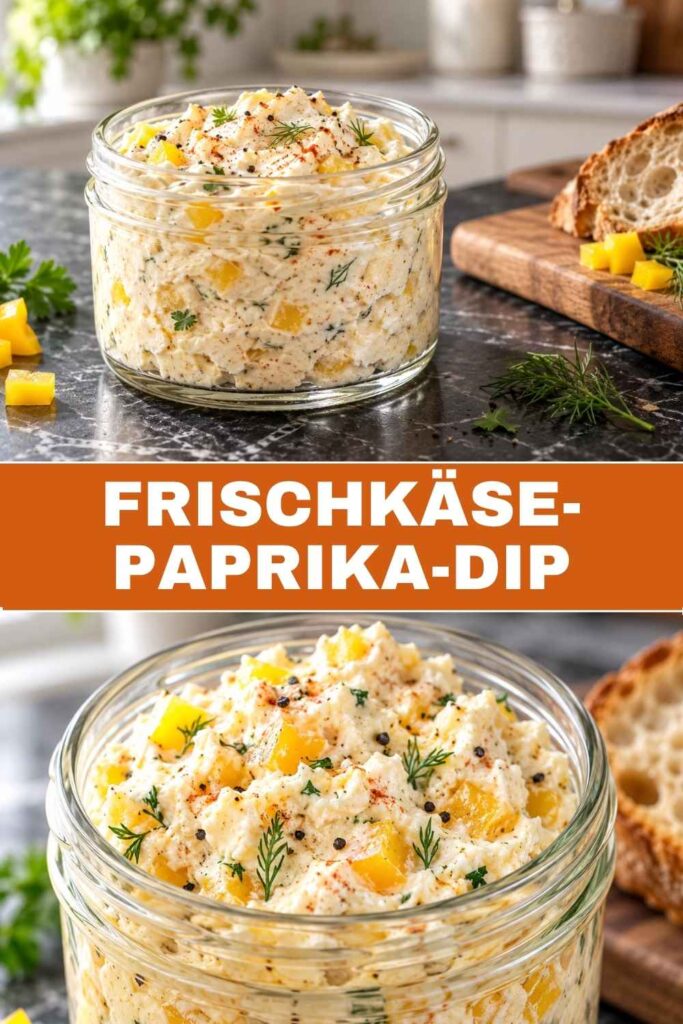 Frischkäse-Paprika-Dip mit Kräutern als Schüssel mit Gemüsesticks und in Nahaufnahme, in 10 Minuten gemacht