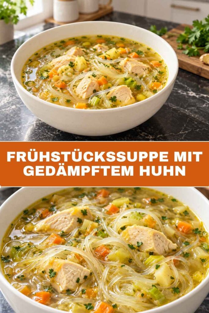 Pin-Grafik Frühstückssuppe mit gedämpftem Huhn, herzhaftes Frühstück in 30 Minuten