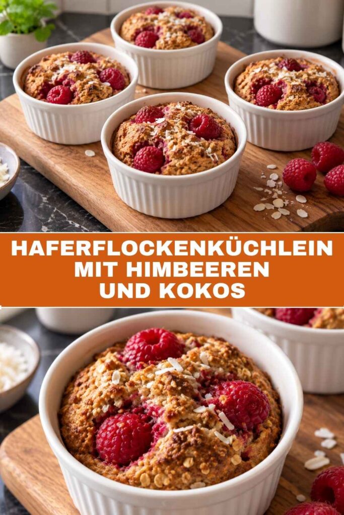 Pinterest-Pin mit Haferflockenküchlein mit Himbeeren und Kokos, Weitwinkel- und Nahaufnahme kombiniert
