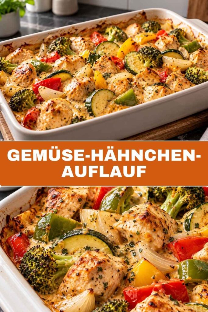 Pinterest-Pin Gemüse-Hähnchen-Auflauf, Low Carb Rezept mit Hähnchen und Gemüse