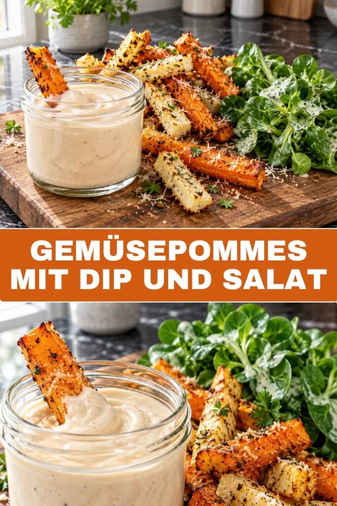 Gemüsepommes mit Dip und Salat 4 Pin mit Gemüsepommes mit Dip und Salat, Gesamtansicht und Nahaufnahme der knusprigen Stifte mit Aioli