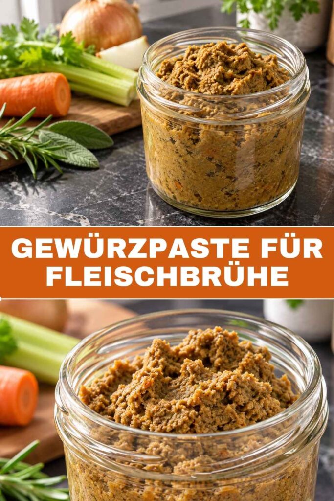Gewürzpaste für Fleischbrühe 4 Pin-Grafik Gewürzpaste für Fleischbrühe selbst gemacht, im Glas und auf dem Löffel