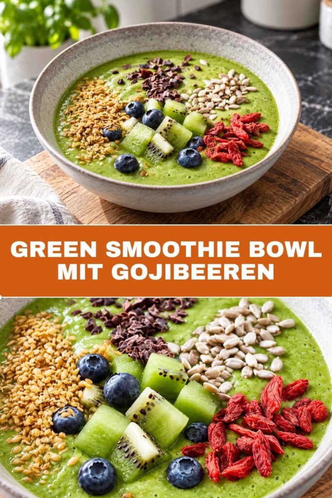 Pin mit Green Smoothie Bowl mit Gojibeeren in Gesamtansicht und Nahaufnahme, in 15 Minuten fertig