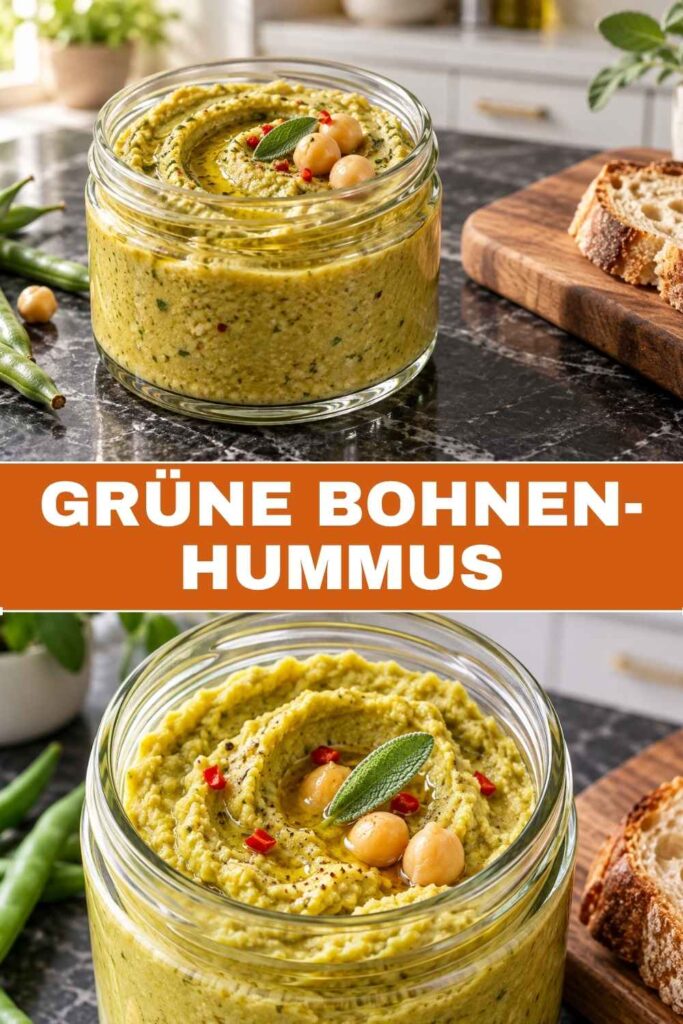 Grüne Bohnen-Hummus 4 Grüne Bohnen-Hummus Rezept zum Pinnen mit Zutaten und fertigem Dip
