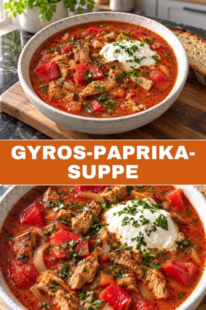 Pinterest-Pin: Gyros-Paprika-Suppe in 30 Minuten, cremig und herzhaft mit Schmand