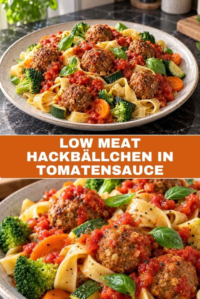 Low Meat Hackbällchen in Tomatensauce mit Frühlingsgemüse und Nudeln 4 Pin-Grafik Hackbällchen in Tomatensauce mit Frühlingsgemüse und Nudeln, Weitwinkel und Nahaufnahme