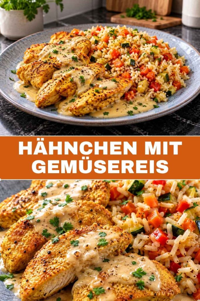 Hähnchen mit Gemüsereis mit cremiger Petersiliensoße, fertig serviert und in der Nahaufnahme