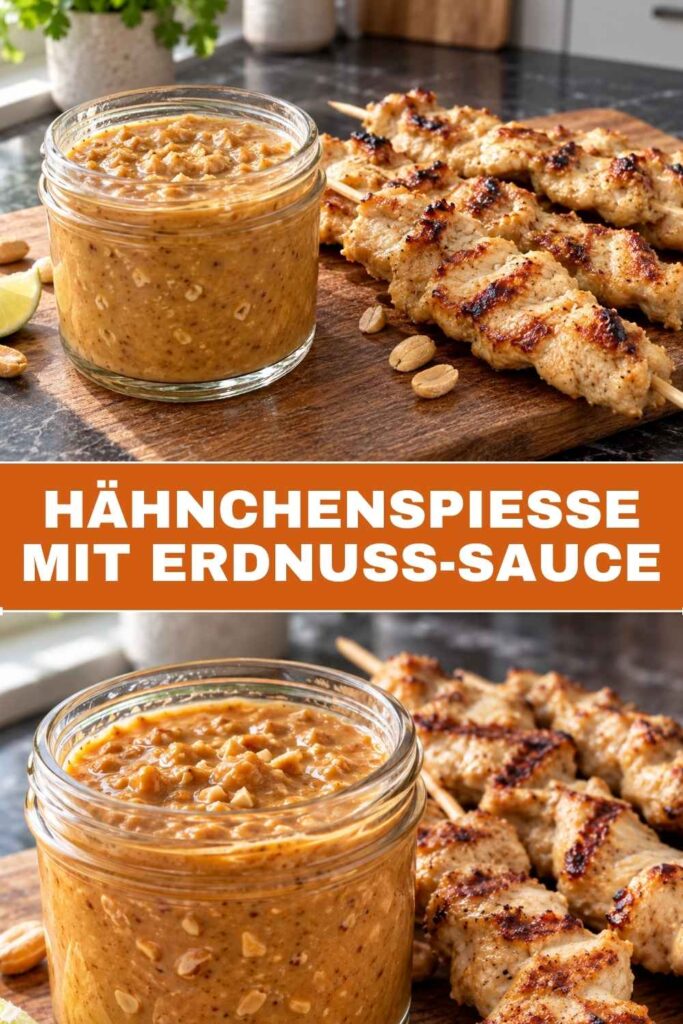 Hähnchenspieße mit Erdnuss-Sauce 4 Hähnchenspieße mit Erdnuss-Sauce, Weitwinkel- und Nahaufnahme kombiniert für Pinterest