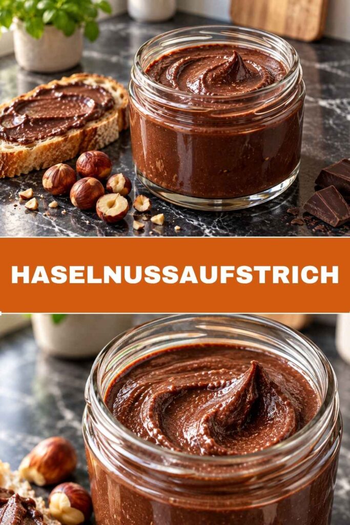 Haselnussaufstrich selber machen, oben das Glas auf dem Frühstückstisch, unten Nahaufnahme der Creme auf dem Löffel