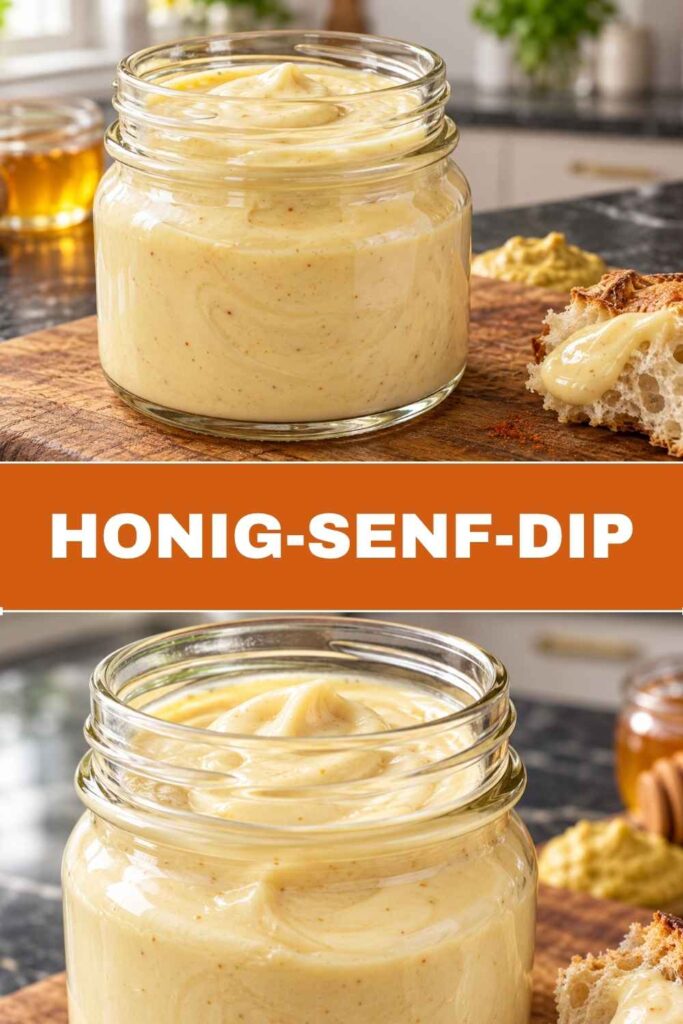 Honig-Senf-Dip in der Schale und in Nahaufnahme, schnelle Burgersauce in 10 Minuten