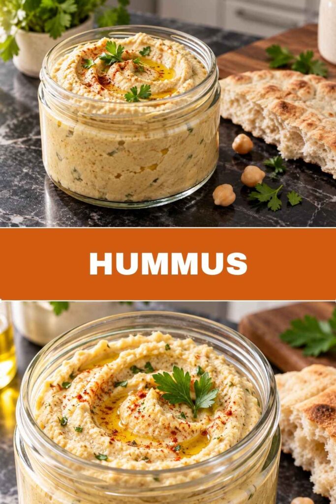 Pinterest-Pin mit Weitwinkelaufnahme und Nahaufnahme von selbstgemachtem Hummus mit Fladenbrot