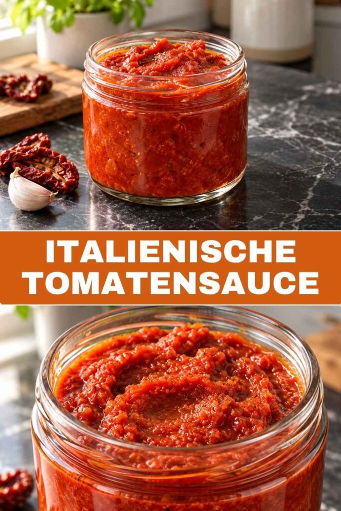 Italienische Tomatensauce Rezept zum Pinnen, Weitwinkel- und Nahaufnahme kombiniert