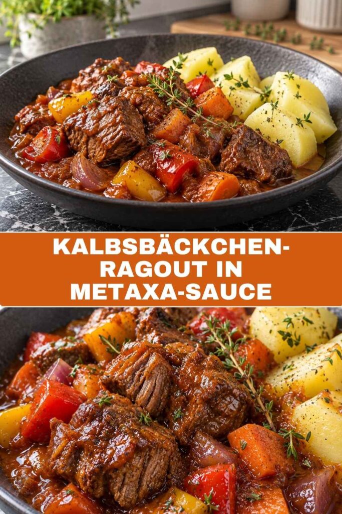 Kalbsbäckchen-Ragout in Metaxa-Sauce im Bräter und als Nahaufnahme auf Bandnudeln, Rezept-Pin