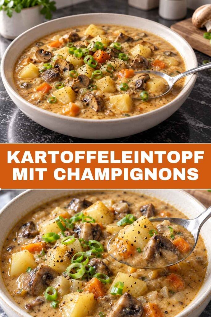 Pinterest-Pin mit Topf und Schüssel Kartoffeleintopf mit Champignons, vegan und in 60 Minuten fertig