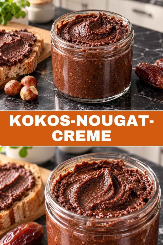 Kinderfreundliche Kokos-Nougat-Creme im Glas mit Textüberlagerung