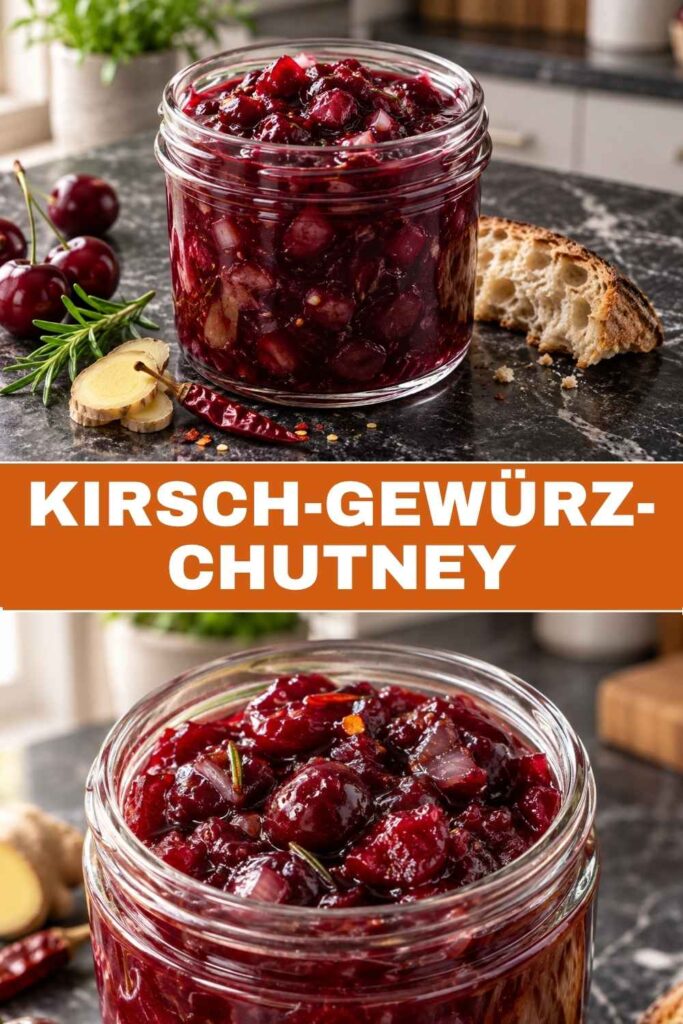 Kirsch-Gewürz-Chutney Rezept zum Nachkochen, Weitwinkel und Nahaufnahme kombiniert