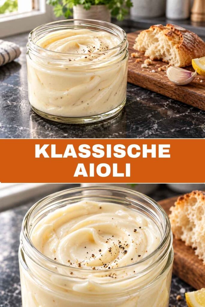 Klassische Aioli in der Schüssel mit Baguette und Nahaufnahme der cremigen Knoblauchcreme auf dem Löffel