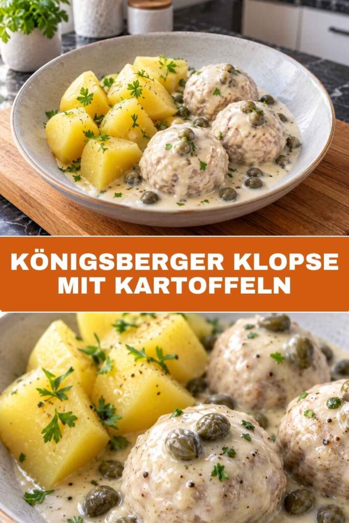 Königsberger Klopse mit Kartoffeln in Kapernsauce, oben die angerichtete Schüssel, unten eine Nahaufnahme der Klopse mit Kapern
