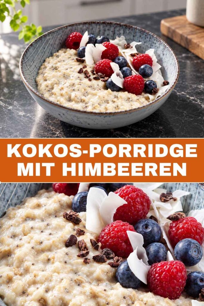 Kokos-Porridge mit Himbeeren in der Schale und in der Nahaufnahme, veganes Frühstück in 20 Minuten