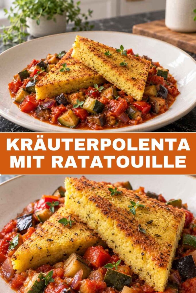 Pinterest-Pin für Kräuterpolenta mit Ratatouille, veganes Feierabendgericht in 60 Minuten