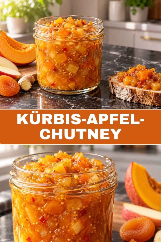 Pinterest-Pin mit Kürbis-Apfel-Chutney im Glas und Nahaufnahme der Konsistenz