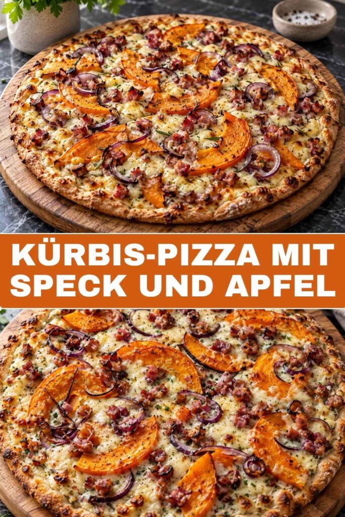 Kürbis-Pizza mit Speck und Apfel, Pinterest-Pin mit Rezepttitel