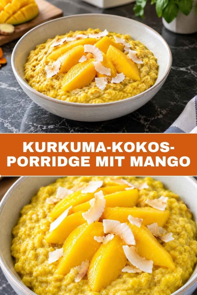 Kurkuma-Kokos-Porridge mit Mango, Pinterest-Grafik mit Rezeptname