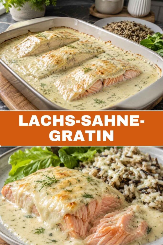 Lachs-Sahne-Gratin Rezept zum Pinnen, Weitwinkel und Nahaufnahme kombiniert