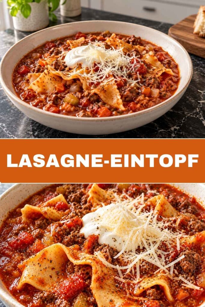 Lasagne-Eintopf im Topf und als Nahaufnahme im Teller, einfaches Familienrezept aus einem Topf in 35 Minuten