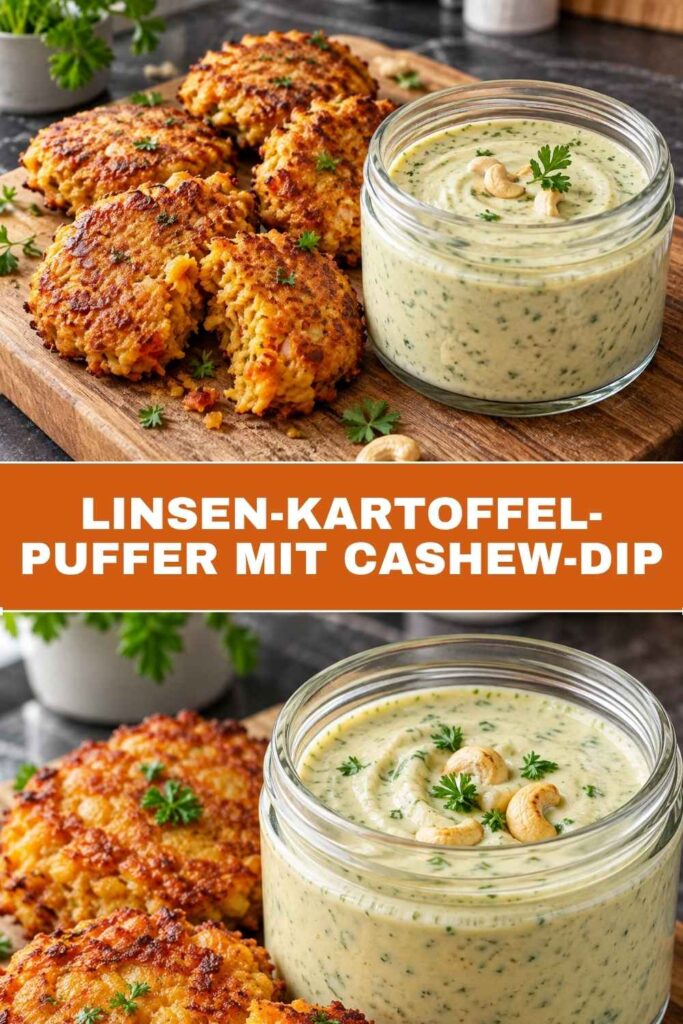 Linsen-Kartoffel-Puffer mit Cashew-Dip 4 Linsen-Kartoffel-Puffer mit Cashew-Dip, veganes Familienrezept zum Merken auf Pinterest