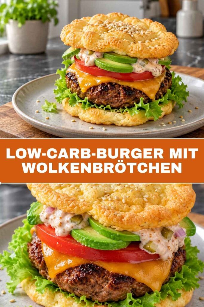 Low-Carb-Burger mit Wolkenbrötchen 4 Pin mit Low-Carb-Burger mit Wolkenbrötchen ohne Mehl, Weitwinkel und Nahaufnahme des Burgers