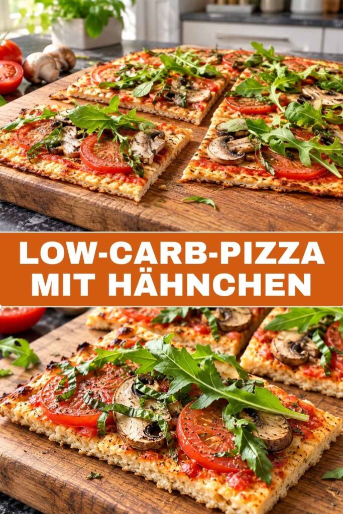 Low-Carb-Pizza mit Hähnchen 4 Low-Carb-Pizza mit Hähnchen, Pinterest-Pin mit Rezeptname