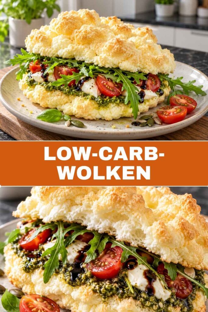 Low-Carb-Wolken 4 Pinterest-Pin für Low-Carb-Wolken mit Pesto und Mozzarella
