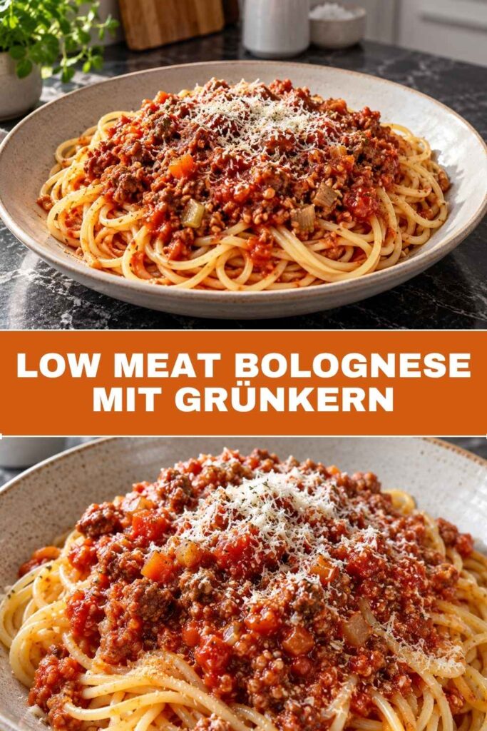 Pinterest-Pin Low Meat Bolognese mit Grünkern, herzhaftes Familienrezept