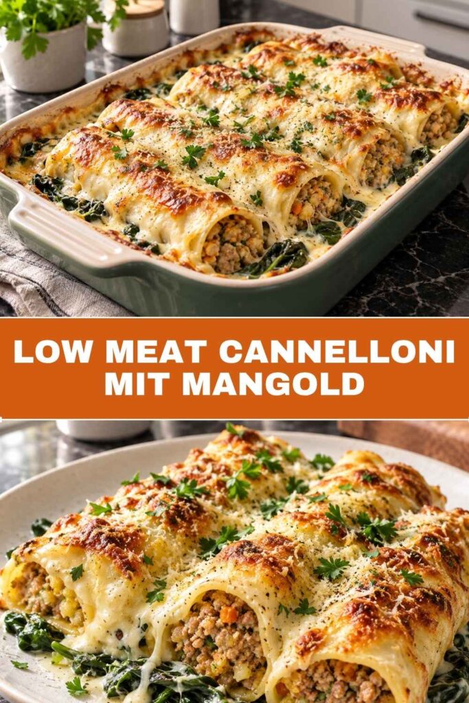 Pinterest-Pin für Low Meat Cannelloni mit Mangold, Weitwinkel- und Nahaufnahme kombiniert