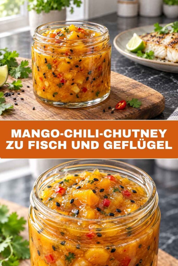 Pinterest-Pin mit Mango-Chili-Chutney zu Fisch und Geflügel als Weitwinkel und Nahaufnahme