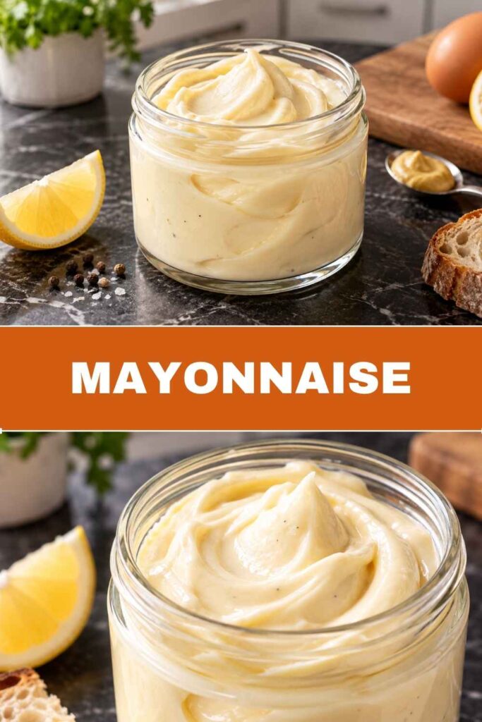 Pinterest-Pin: Mayonnaise selbst gemacht in 5 Minuten, cremig und stabil