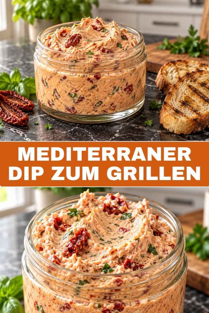 Mediterraner Dip zum Grillen in der Schale und als Nahaufnahme mit Grillbrot, Rezept für 5 Minuten