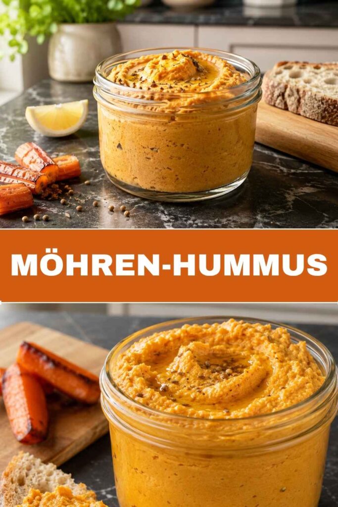 Möhren-Hummus Pinterest Pin cremiger Dip mit Möhren und Tahin