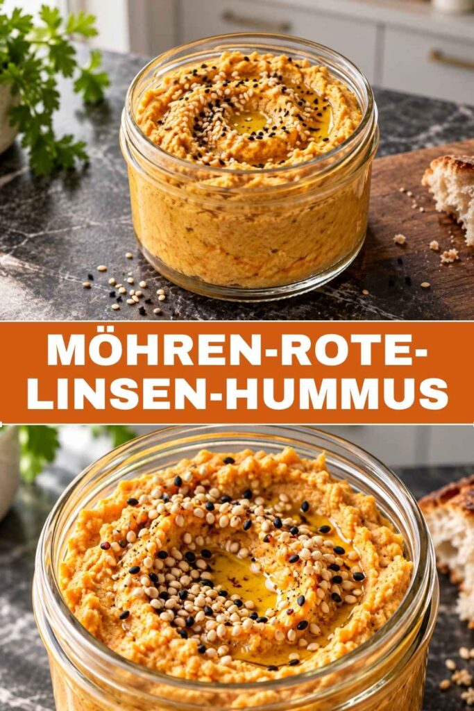Pinnable Bild von Möhren-Rote-Linsen-Hummus, Weitwinkel oben, Nahaufnahme unten