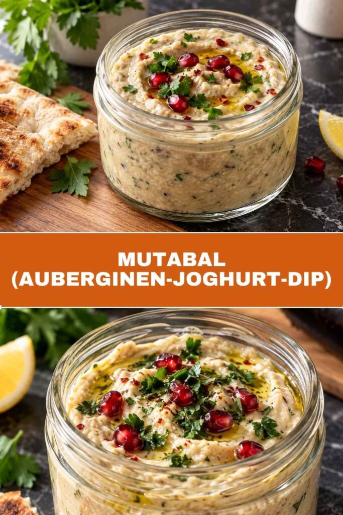 Mutabal Rezept, cremiger Auberginen-Dip, Pinterest-Pin mit Text-Overlay