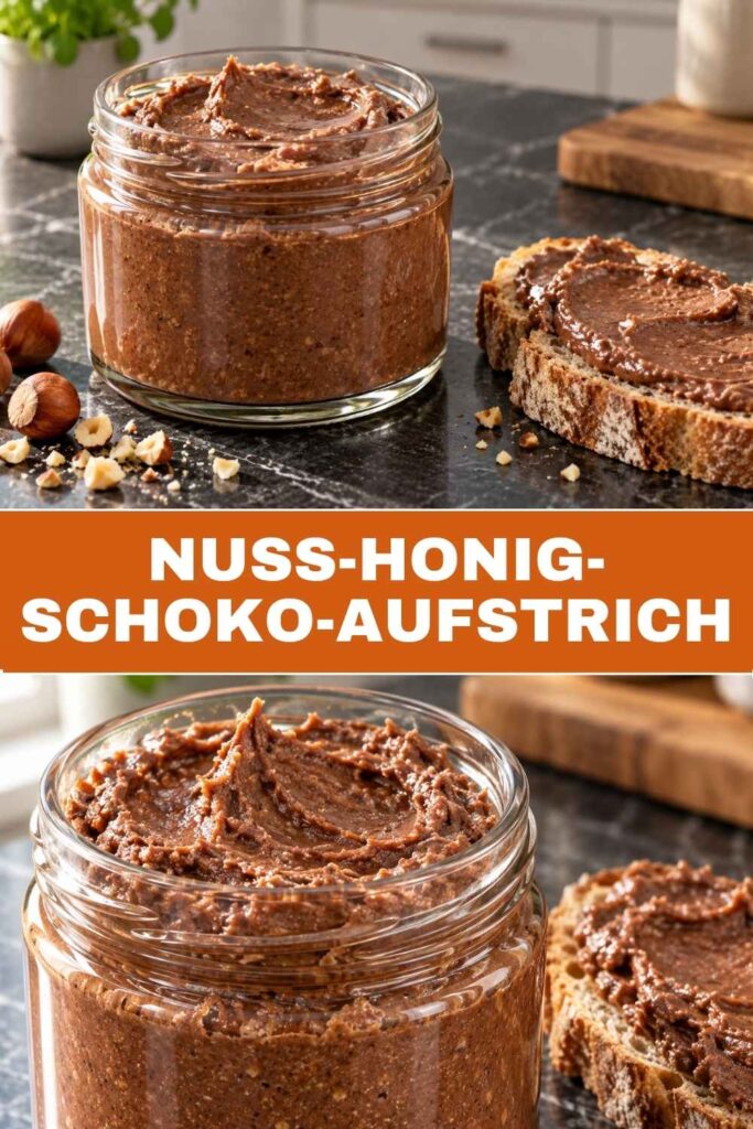 Nuss-Honig-Schoko-Aufstrich selber machen, Glas auf dem Frühstückstisch und Nahaufnahme auf Bauernbrot